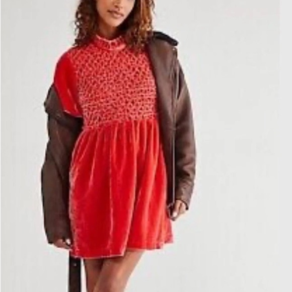 Free People Gum Drop Velvet Mini Dress Tangerine XS - Picture 6 of 7